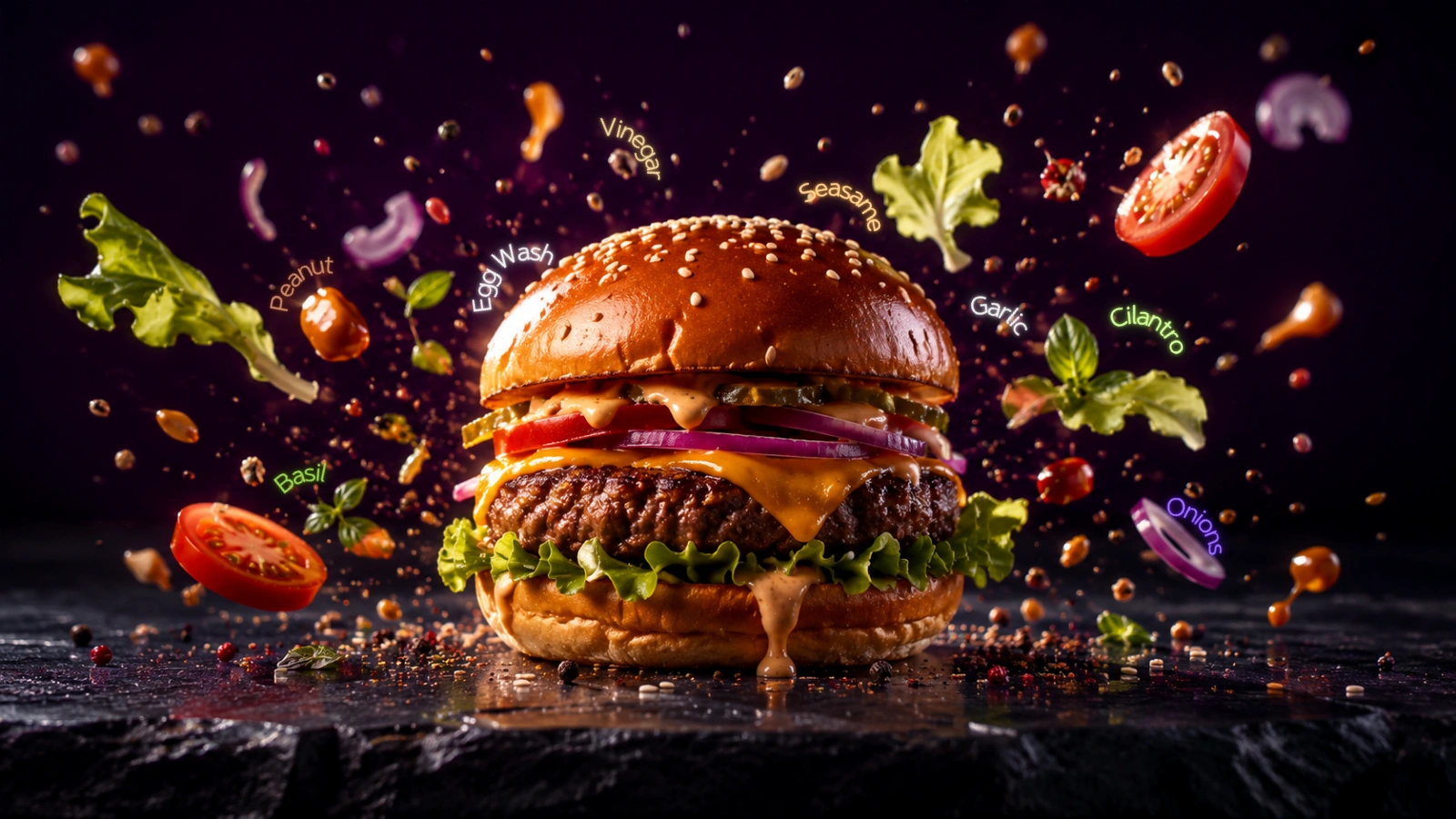 A gourmet burger with hidden-ingredient labels — egg, sesame, cheese, onion — floating around it