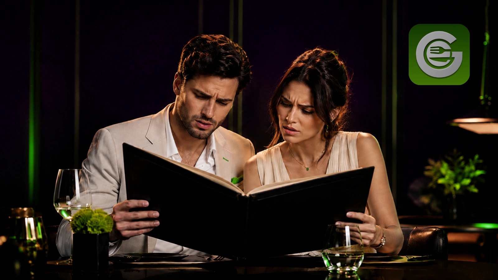 A couple studying a long restaurant menu, unsure what to order