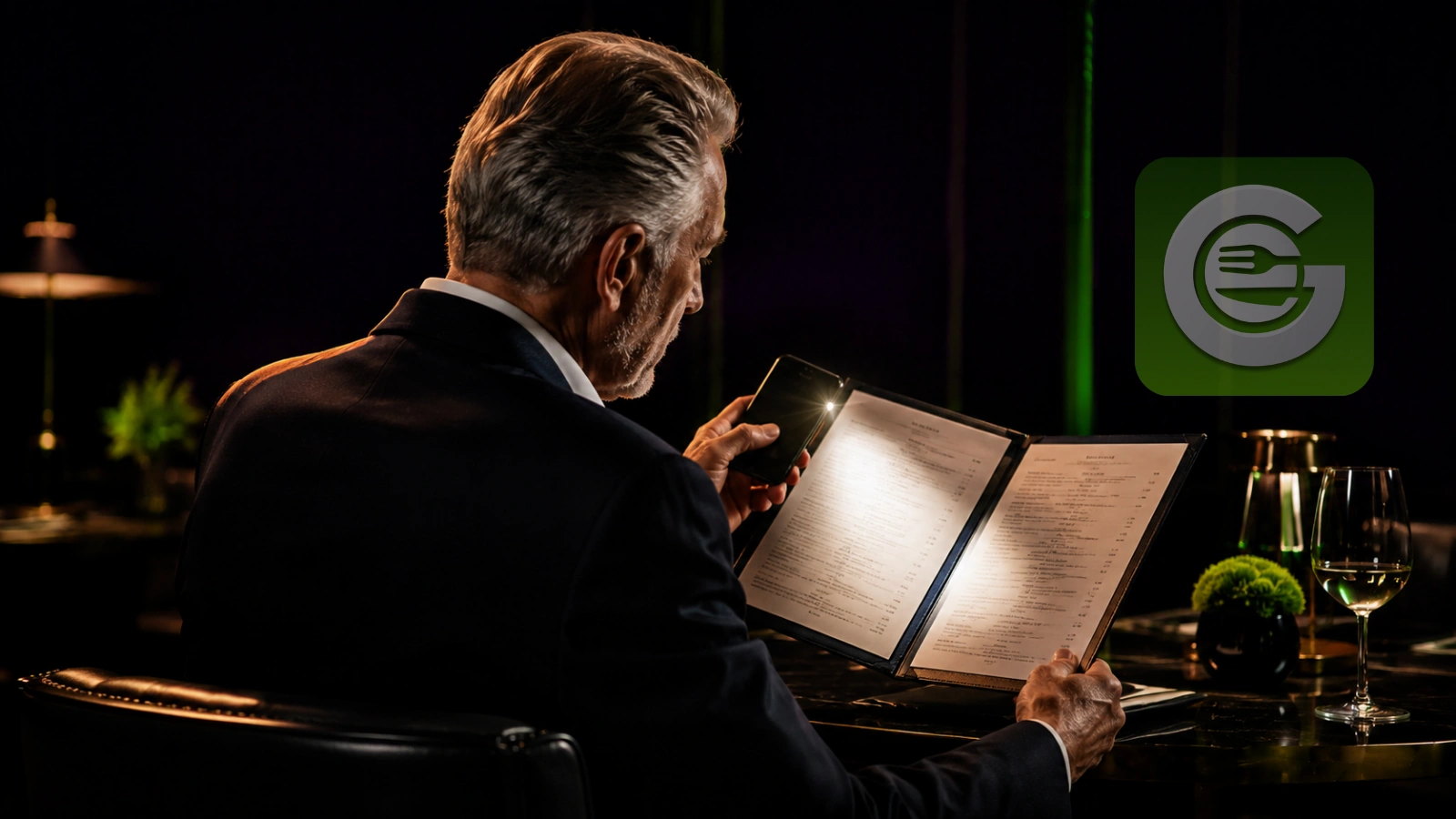 A diner reading a menu by phone light in a dimly lit restaurant