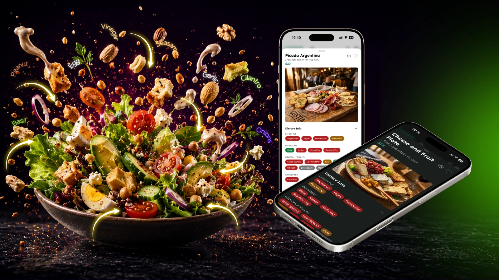 A fresh salad beside two phones showing the Gustia app