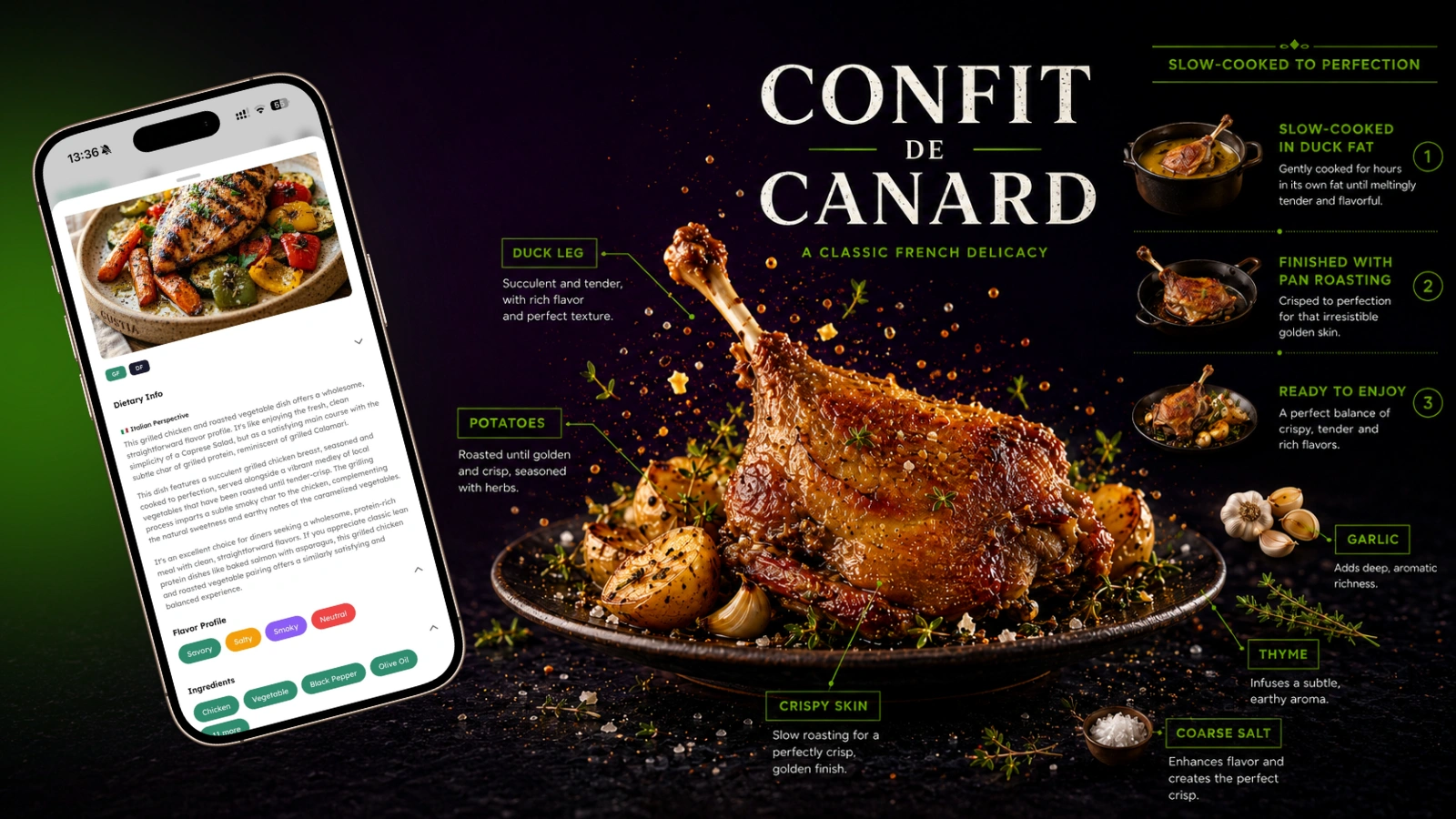 A confit de canard dish broken down into its ingredients and preparation steps