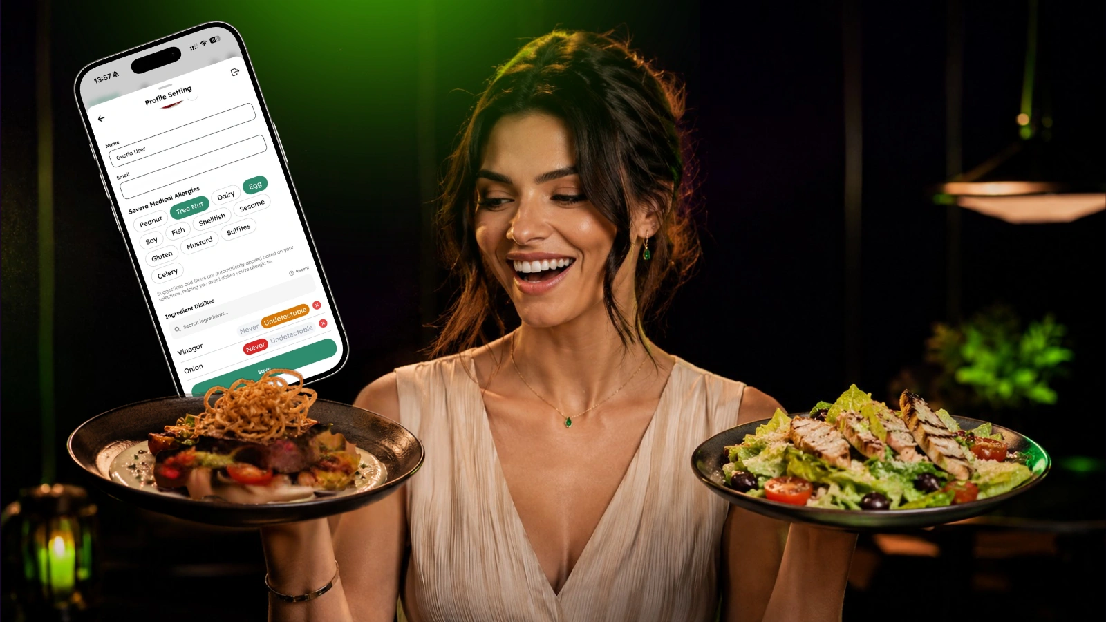 A diner holding two plated dishes recommended to match her dietary profile
