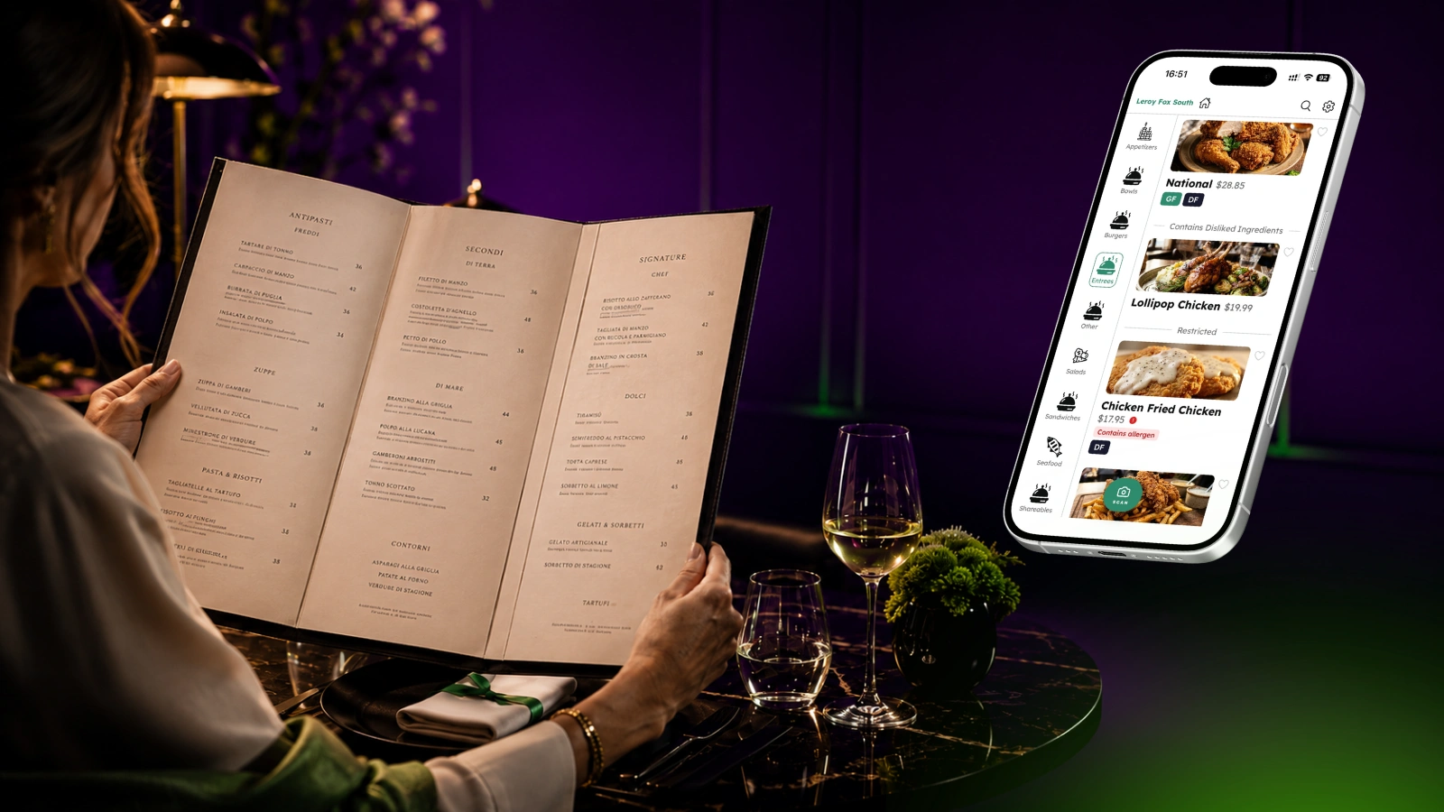A diner previewing a restaurant menu on the Gustia app before arriving