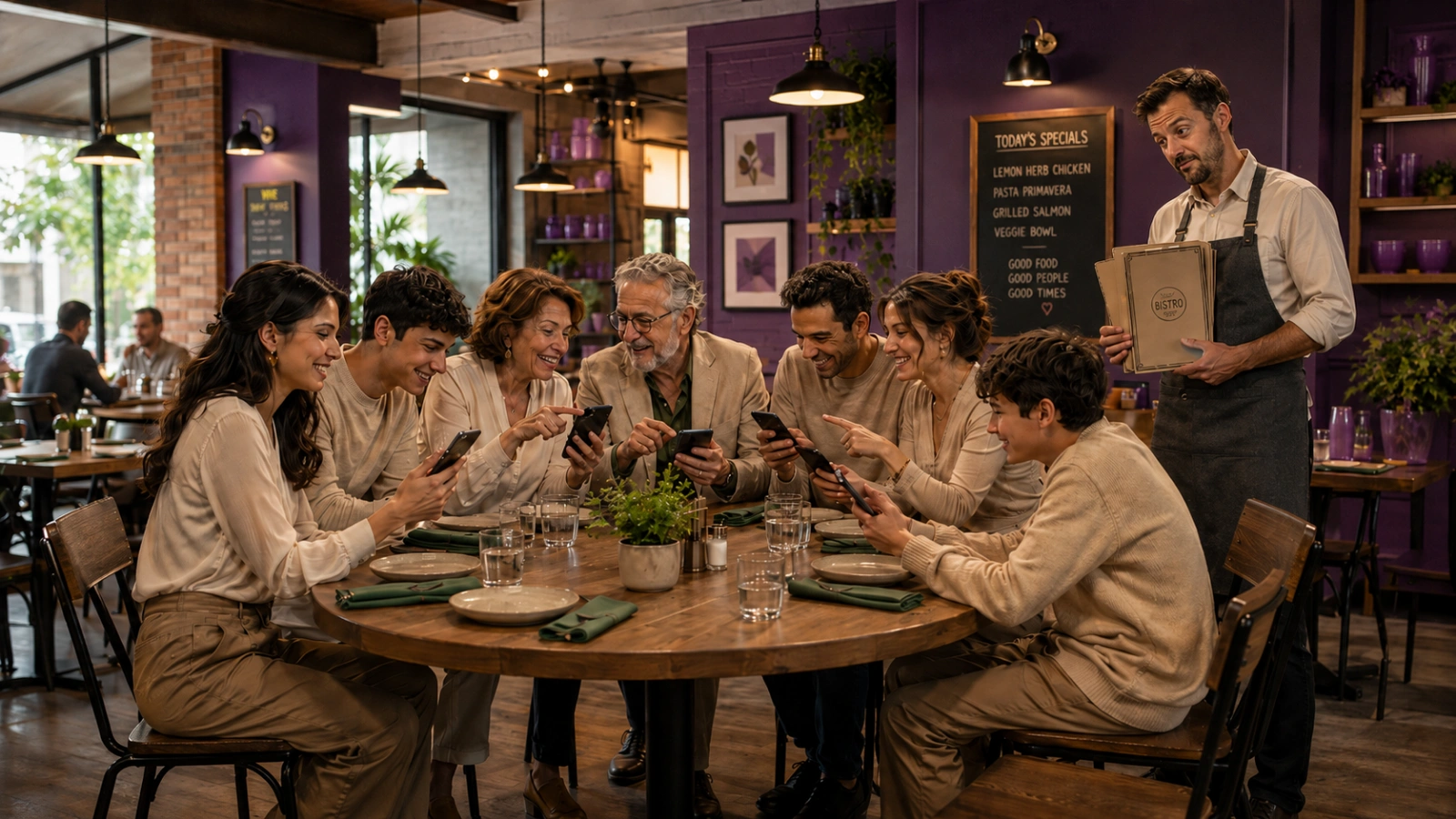 Friends and family sharing a meal at a restaurant table, browsing the menu together