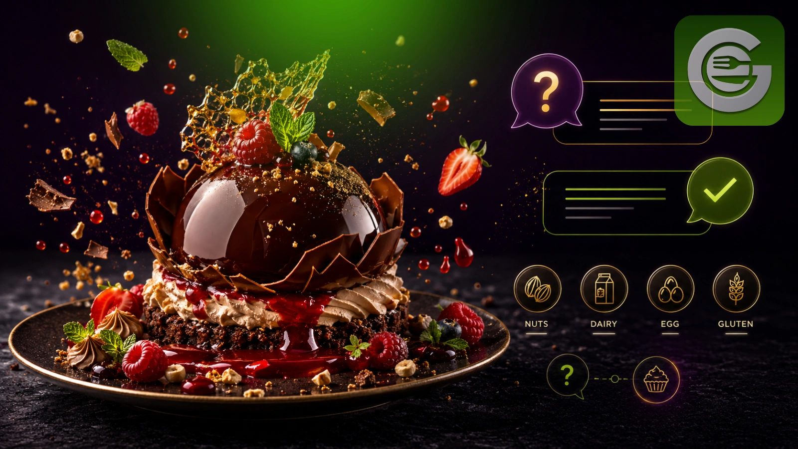 A plated dessert with nuts, dairy, egg and gluten allergen icons flagged beside it