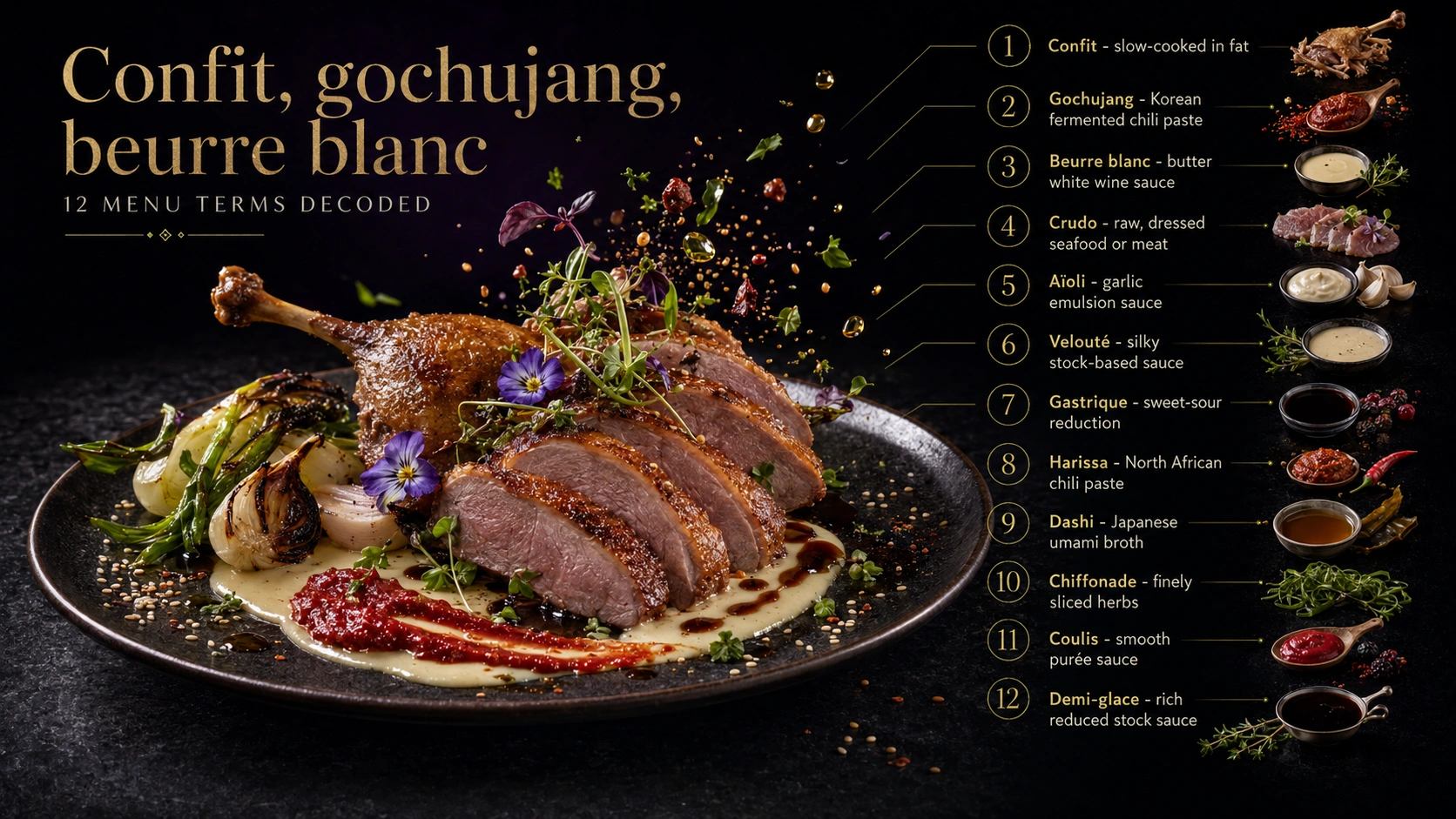 Infographic — 12 menu terms decoded, from confit to demi-glace