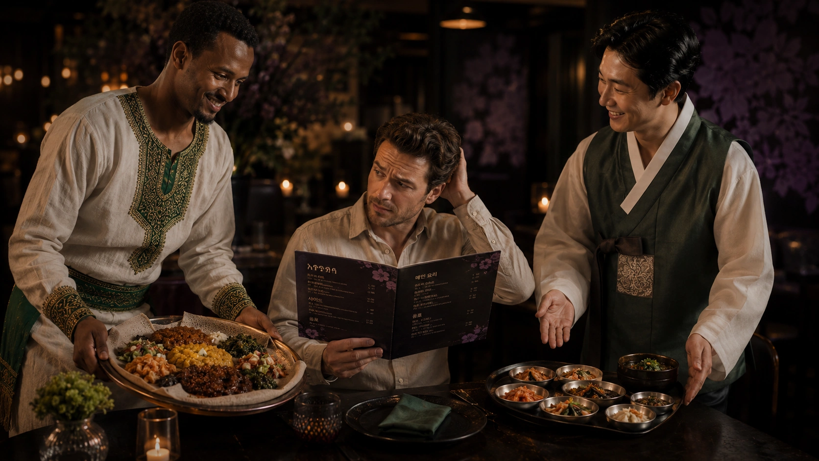 Restaurant servers presenting a sharing platter and menu to a diner