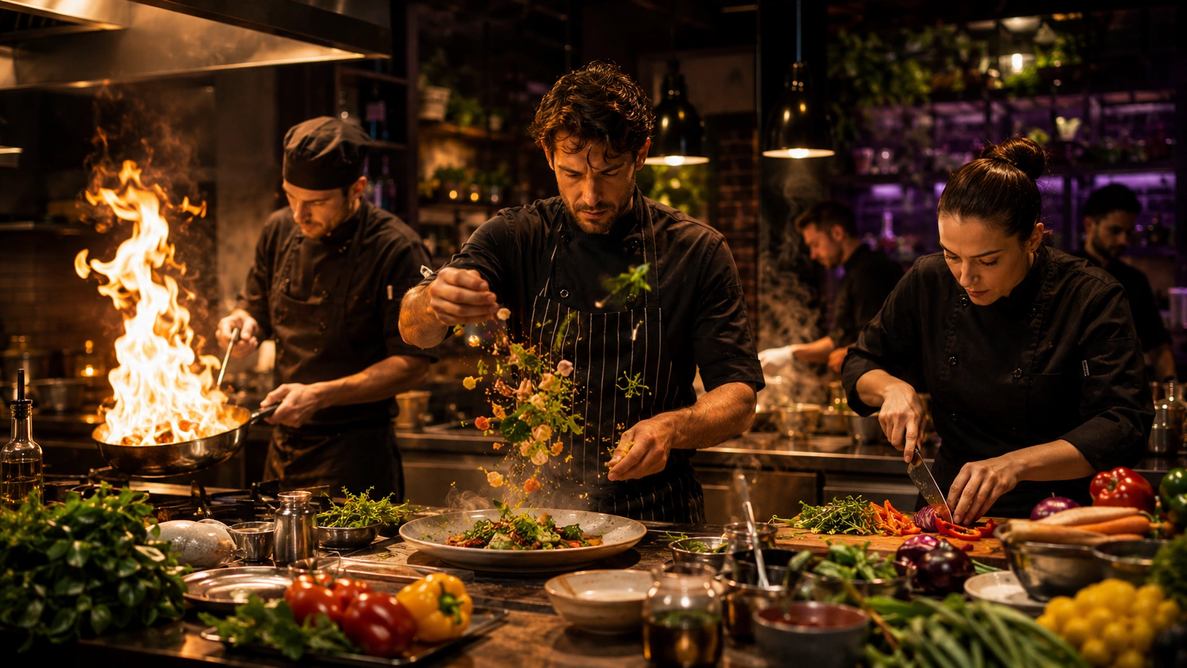 Chefs plating dishes in a busy restaurant kitchen