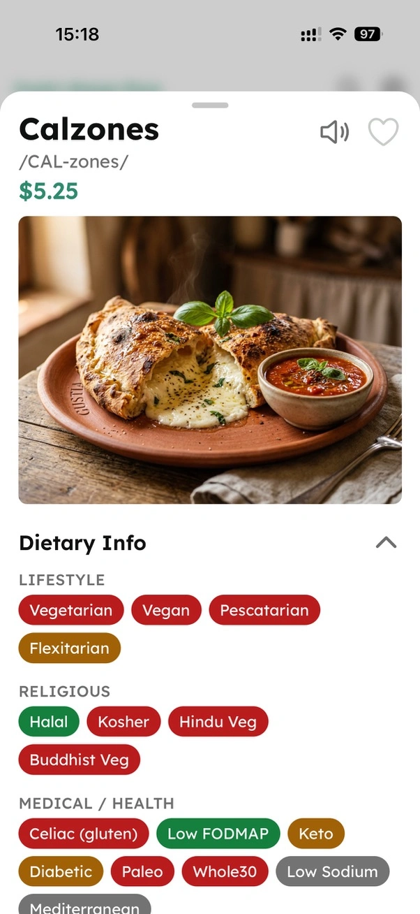 Gustia dish detail screen for Calzones, with pronunciation and dietary tags