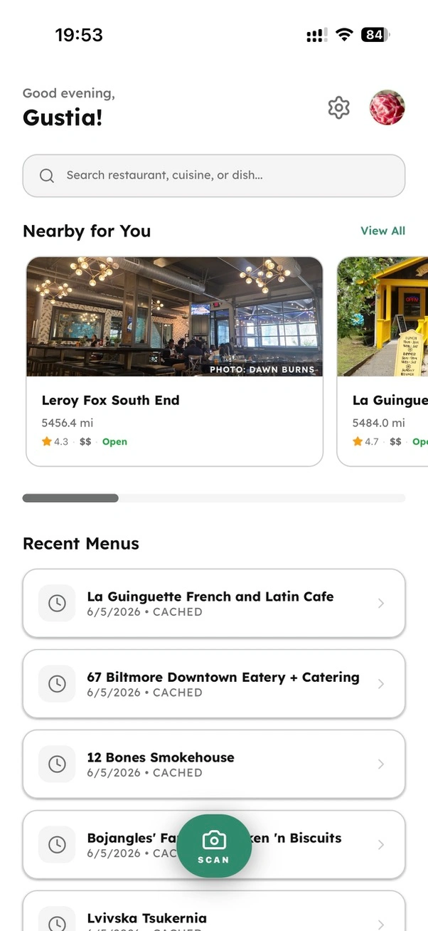Gustia home screen showing nearby restaurants and recent menus