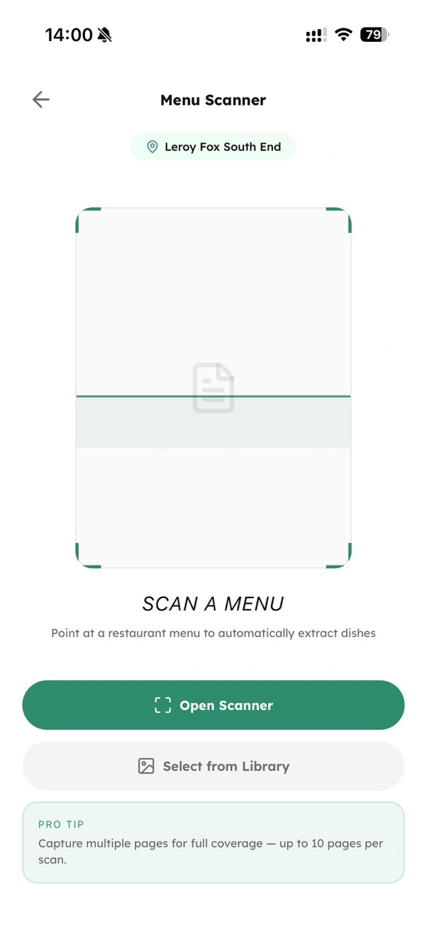 Gustia menu scanner screen, ready to capture a restaurant menu
