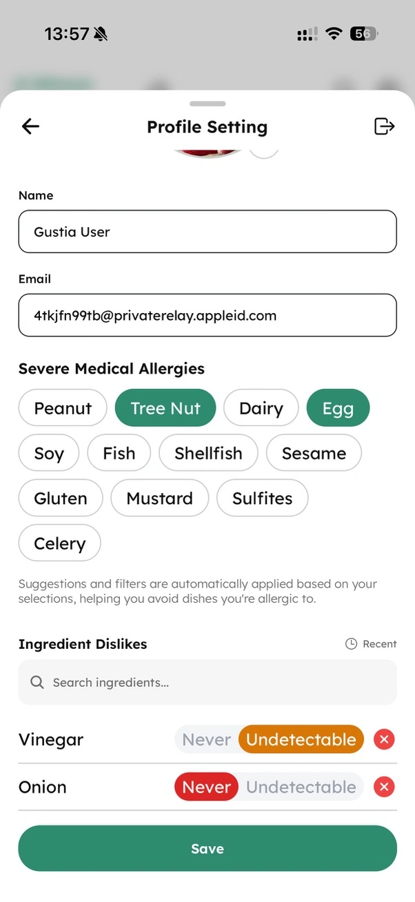Gustia profile screen for setting allergies and disliked ingredients